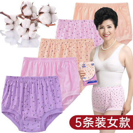 (5条装女款/4条装男款)全棉大码高腰宽松舒适三角内裤·女士三角(紫色印花+粉色印花+杏色印花+纯粉色+纯杏色)