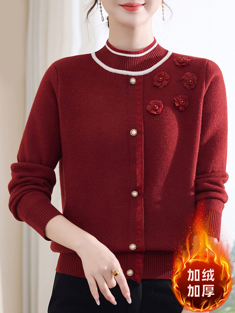 时尚珠花一体绒加厚保暖气质百搭半高领针织衫·红色加绒