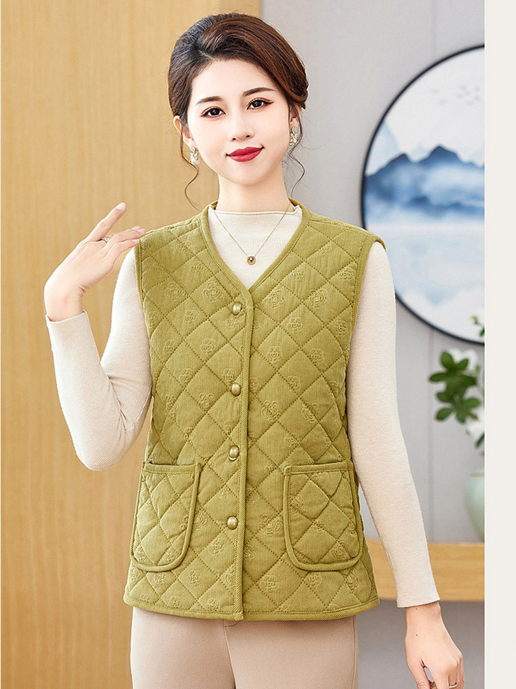 时尚格纹提花开扣加绒加厚保暖马甲·酒红色