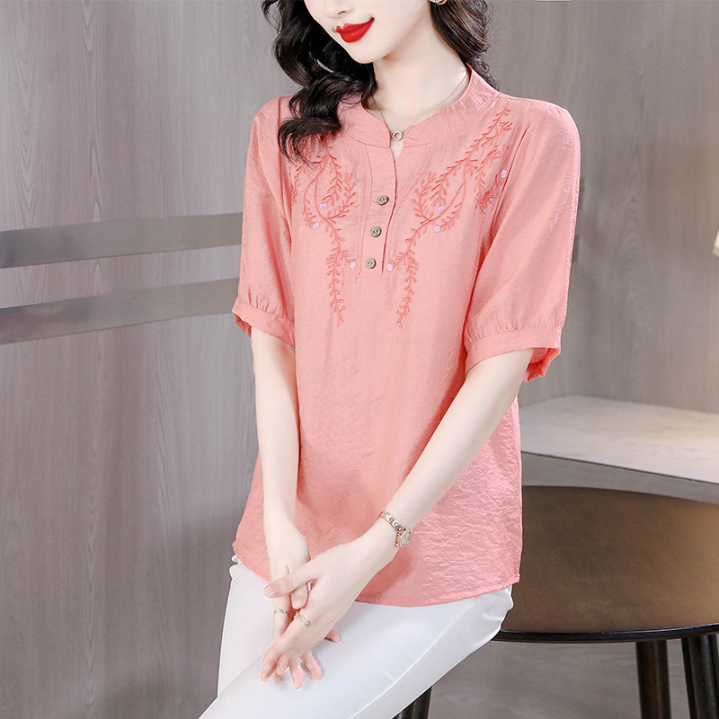 棉麻浪漫绣花优雅气质宽松大码短袖·粉红色