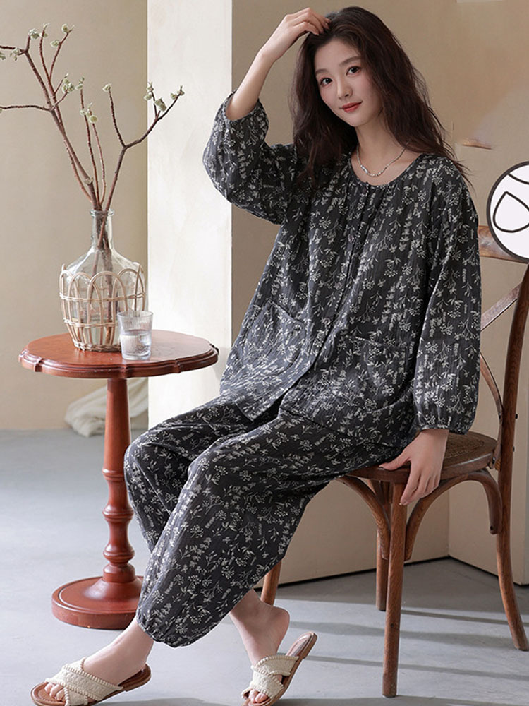 雀说 带胸垫睡衣女春夏云朵棉薄款七分袖九分裤家居服·L37121