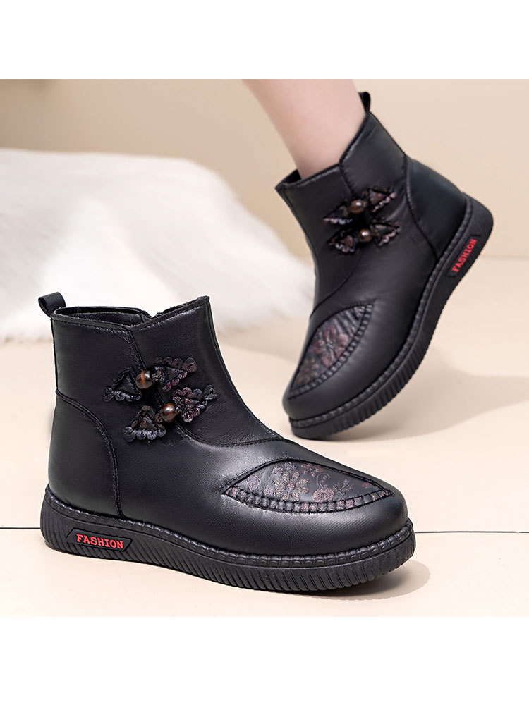 时尚刺绣厚底加绒保暖防滑侧拉链妈妈棉靴·黑色