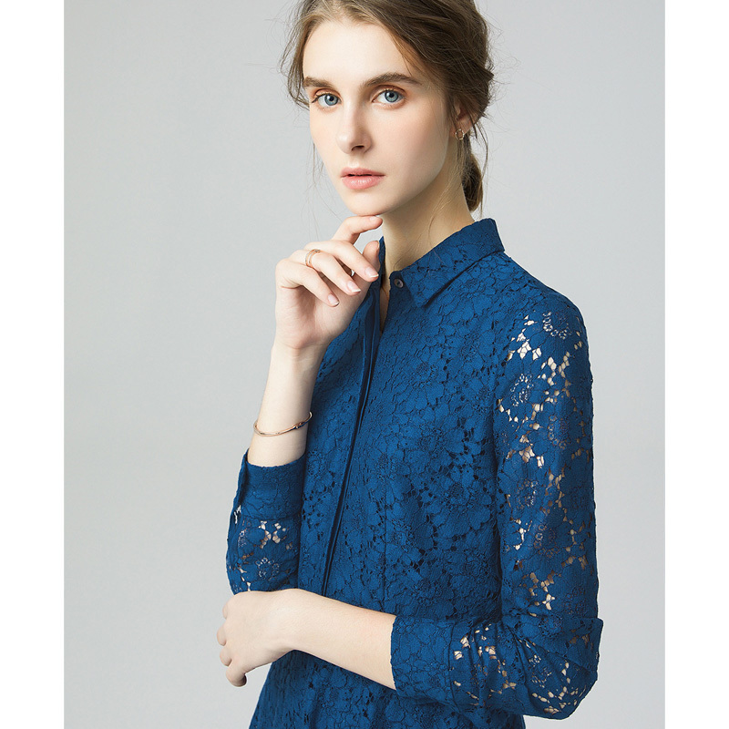 丁摩 新款长袖蕾丝连衣裙真丝棉里衬收腰显瘦气质中长衬衫裙女19-051·蓝色