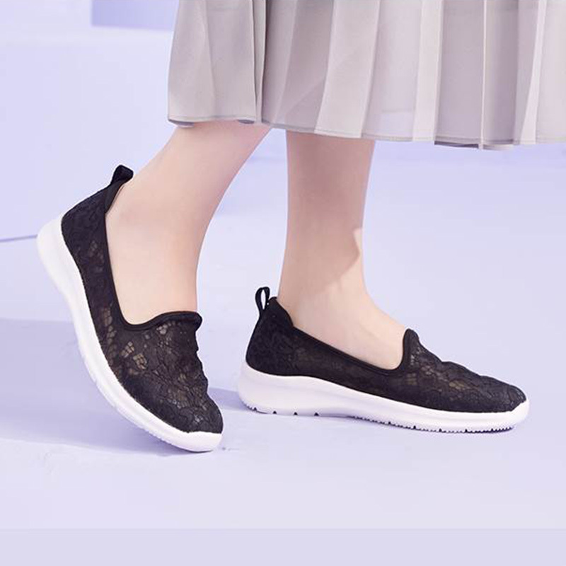 Pansy日本女鞋一脚蹬蕾丝网面透气女士休闲夏级单鞋HD4095·黑色