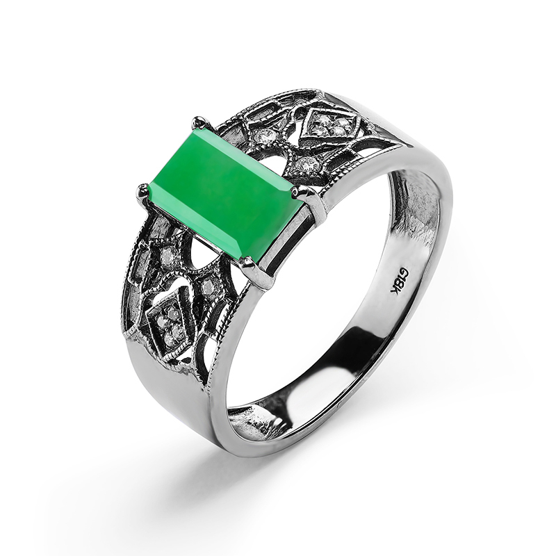 翡丽翠16精品18k金镶天然a货翡翠复古黑金款情侣戒指