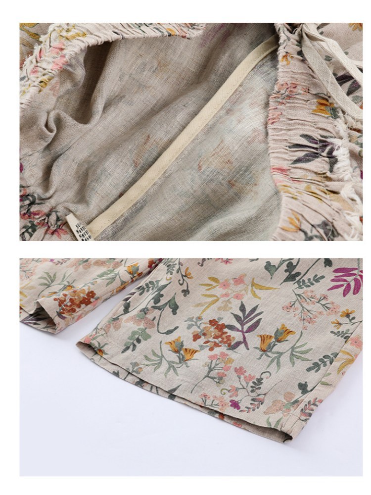 【100汉麻】可风各木耳边口袋碎花阔腿裤65063·青花卷草纹