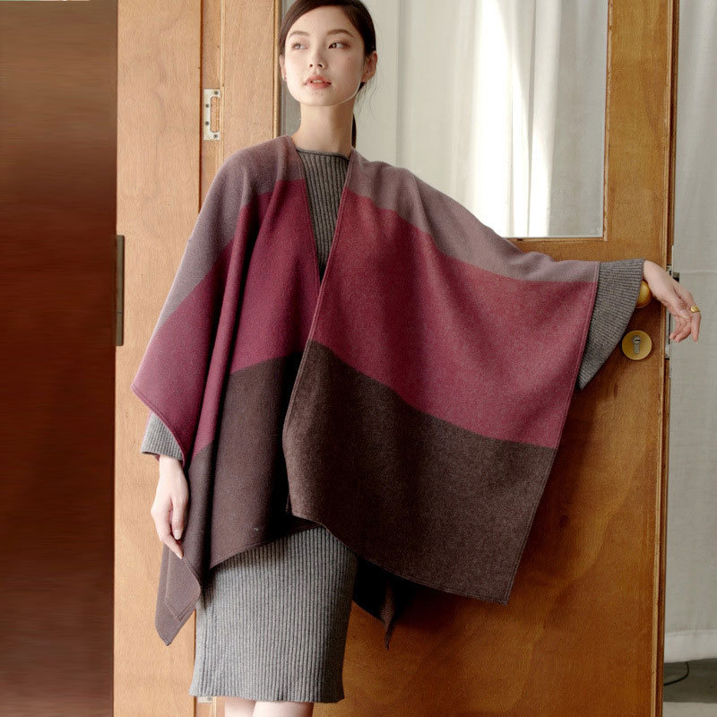 布休依泓凯优雅羊毛披肩斗篷两用外搭加厚围巾蓝灰