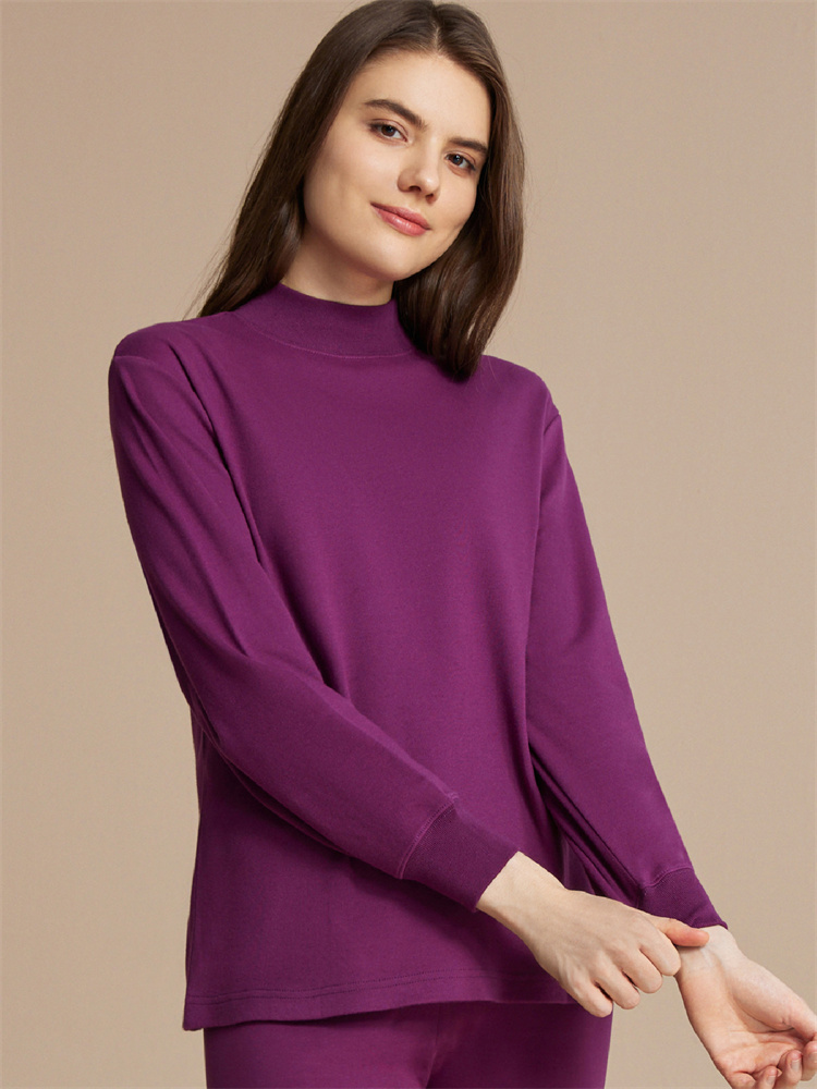纤丝鸟舒适全棉女士半高领上衣-2件组·葡萄紫