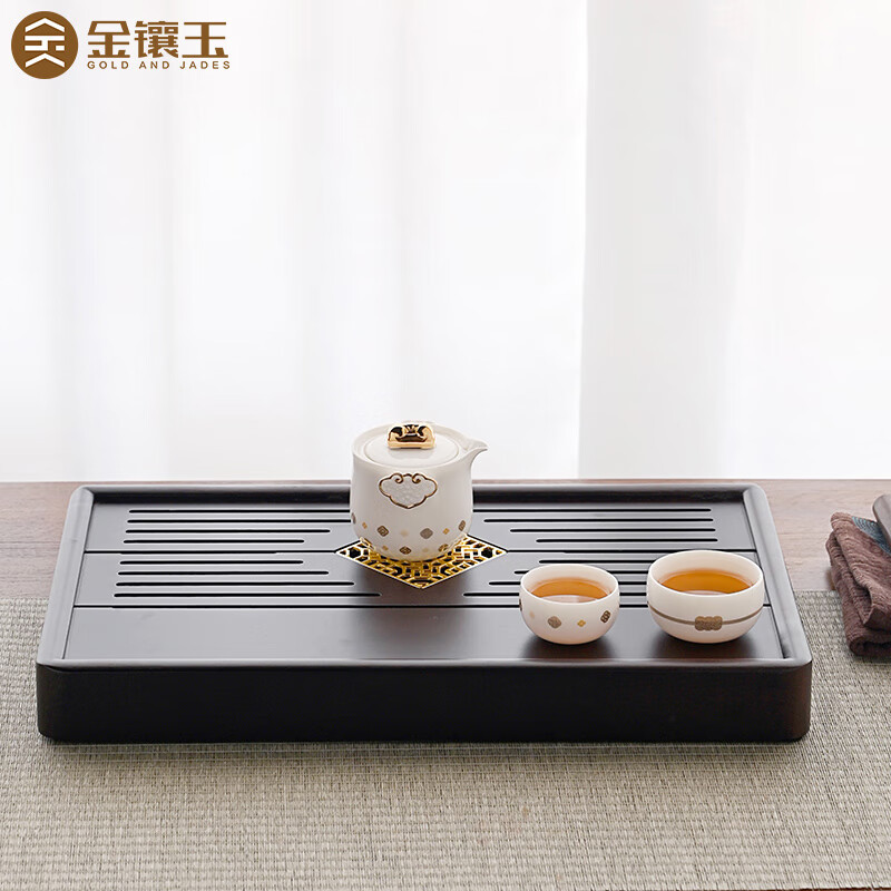 金镶玉家用中式双层储水 福韵盛水樟木茶盘42*26cm