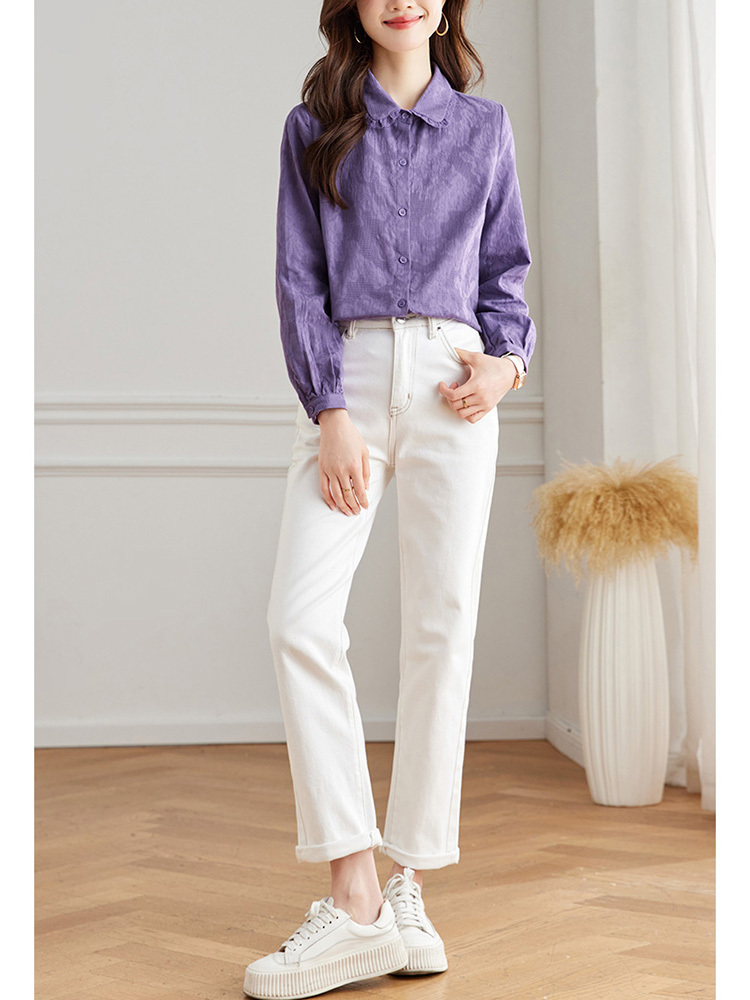 欧奈丝 女士轻奢法式纯棉暗纹减龄显瘦气质衬衫4111002·紫色