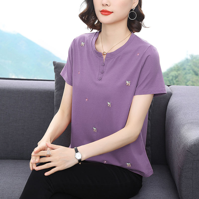 95纯棉开扣V领刺绣遮肚显瘦时尚上衣·短袖-紫色