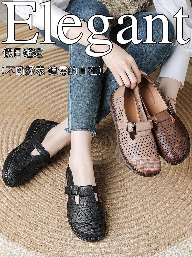 砾驾全牛皮头层牛皮休闲凉鞋新款防滑镂空女鞋·GXTM-9989深棕色