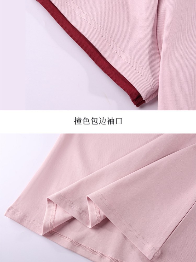 【92精梳棉】轩凌子撞色边刺绣T恤XS82620104·淡粉