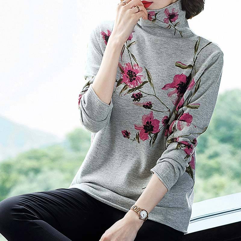 瑅艾纯羊毛保暖毛衣针织衫(2款5色可选)·灰色红花