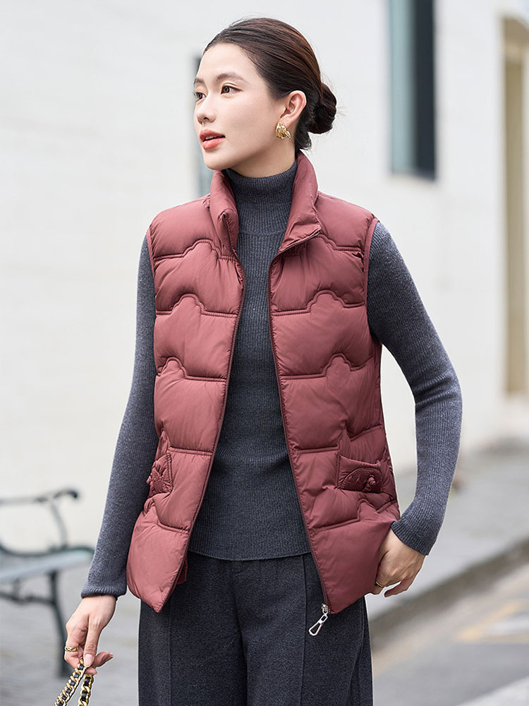时尚羽绒棉拉链口袋保暖立领百搭马甲·红色