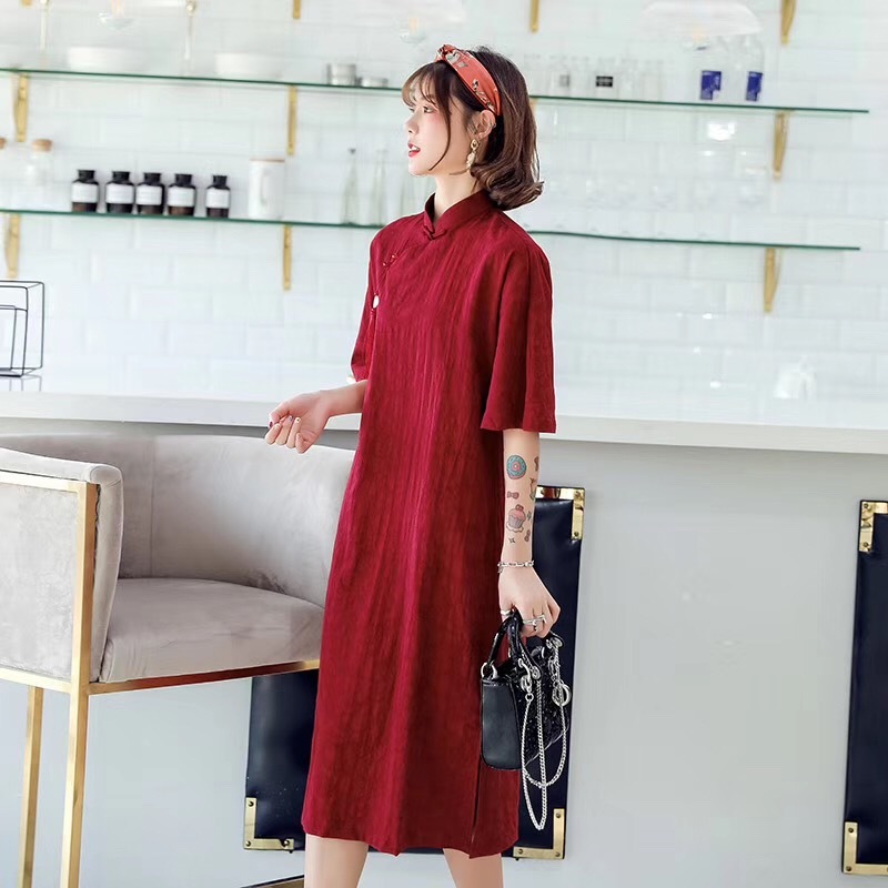 丁摩 现代改良旗袍连衣裙复古日常简约修身W·酒红色