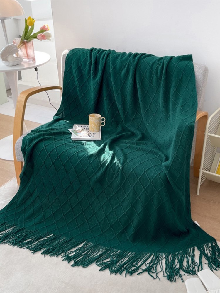 多宝雅针织流苏搭毯搭巾盖毯沙发巾床尾毯·墨绿色