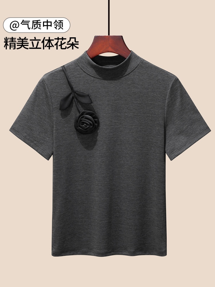 【柔滑天丝】修娴设计感立体花朵中领短袖M942·黑色
