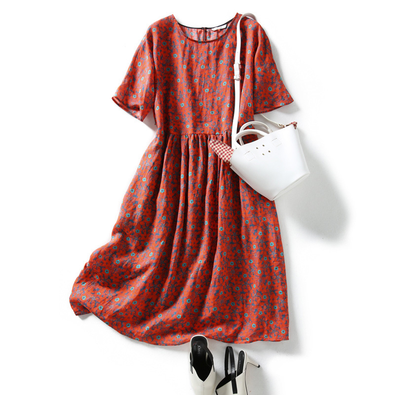 丁摩 圆领短袖宽松套头苎麻印花中长款连衣裙19-148·红色