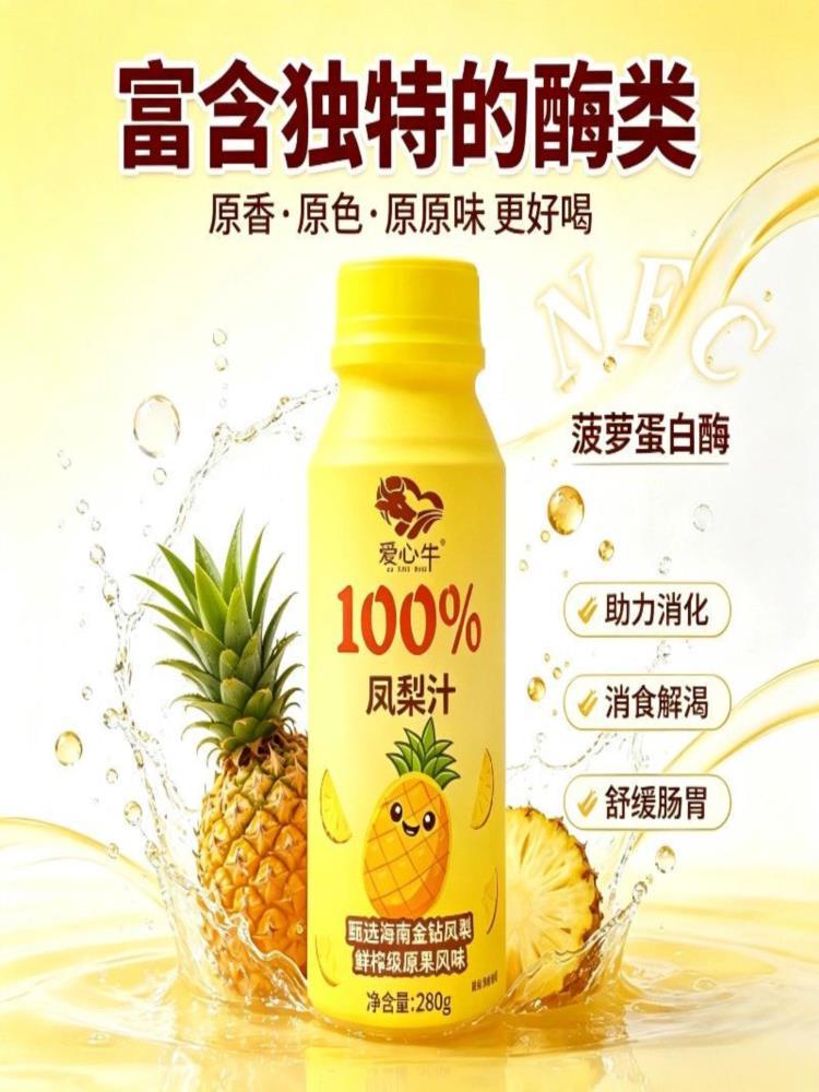 【干净配方】海南优选凤梨 280g*12瓶 鲜榨型 果汁饮料