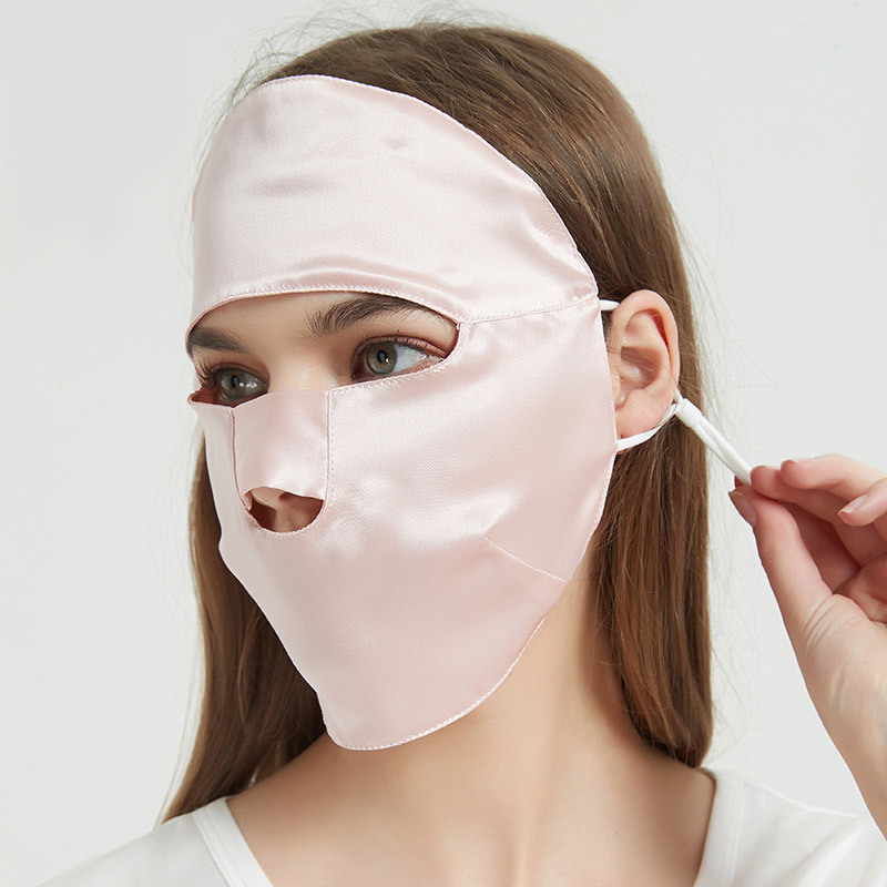 100%双层桑蚕丝全脸防晒透气丝滑面罩·粉色-短款
