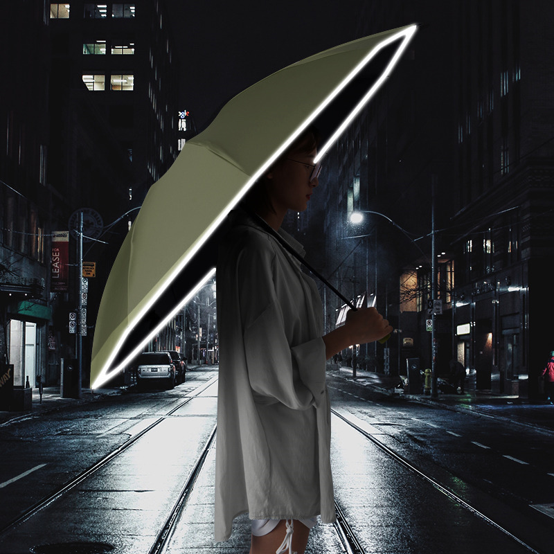 泳伶彩色手柄全自动反向伞十骨三折带反光条晴雨伞·藏青色