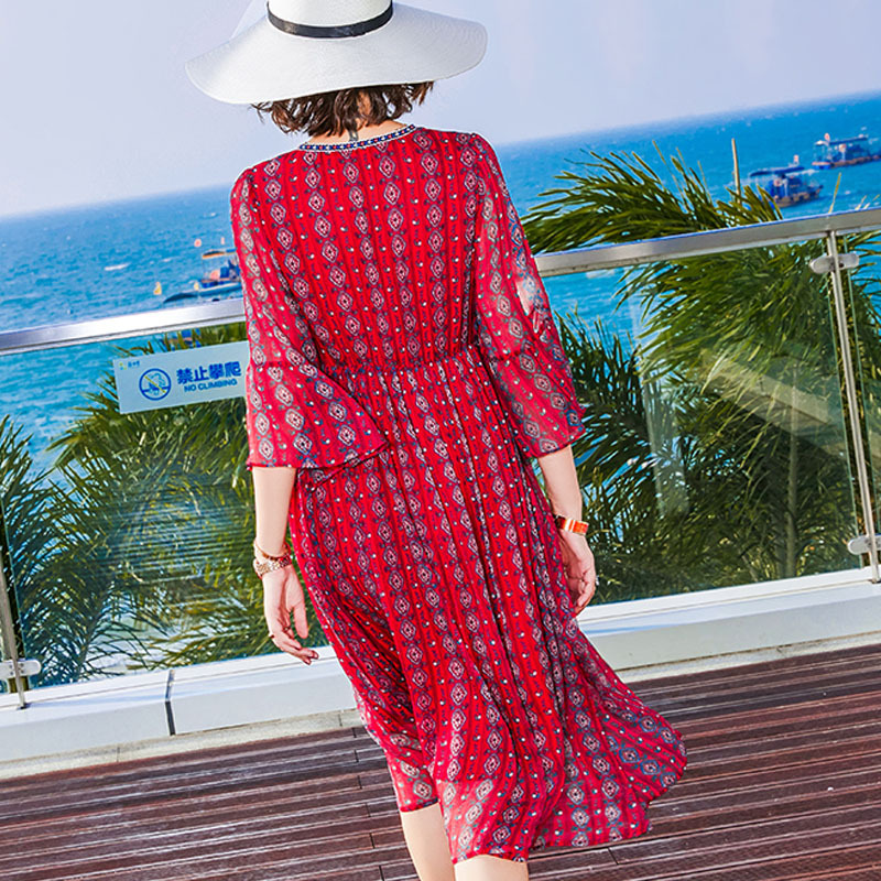 丁摩 真丝连衣裙深v领收腰显瘦桑蚕丝连衣裙海边度假沙滩裙女20-115·红色