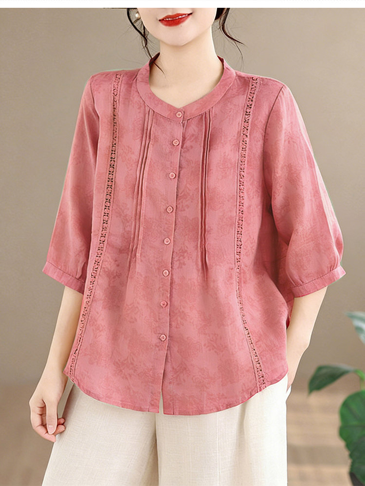 棉麻镂空刺绣文艺减龄宽松显瘦七分袖上衣·桔色