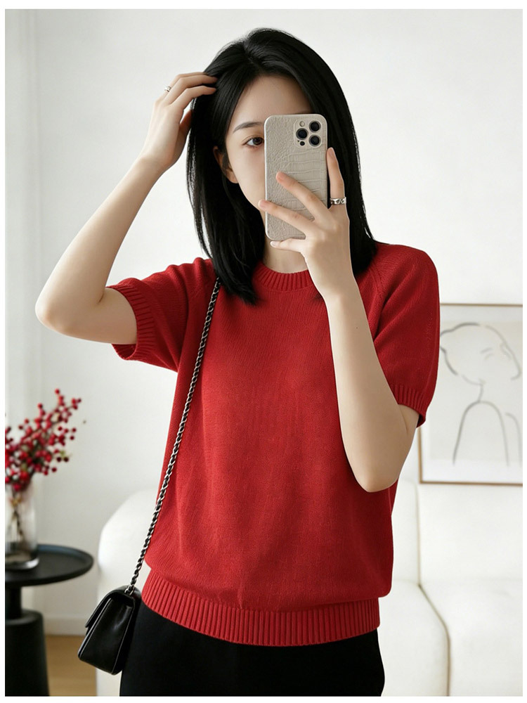 新款圆领冰丝透气宽松减龄百搭针织短袖·红色