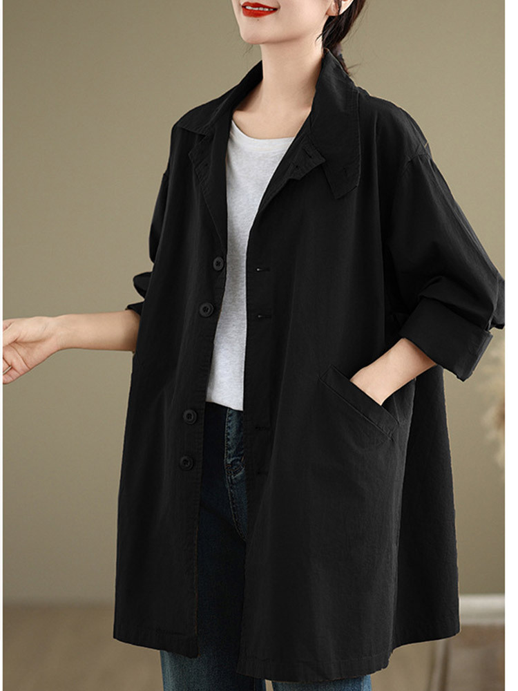 新款棉质宽松显瘦百搭中长款风衣外套·黑色