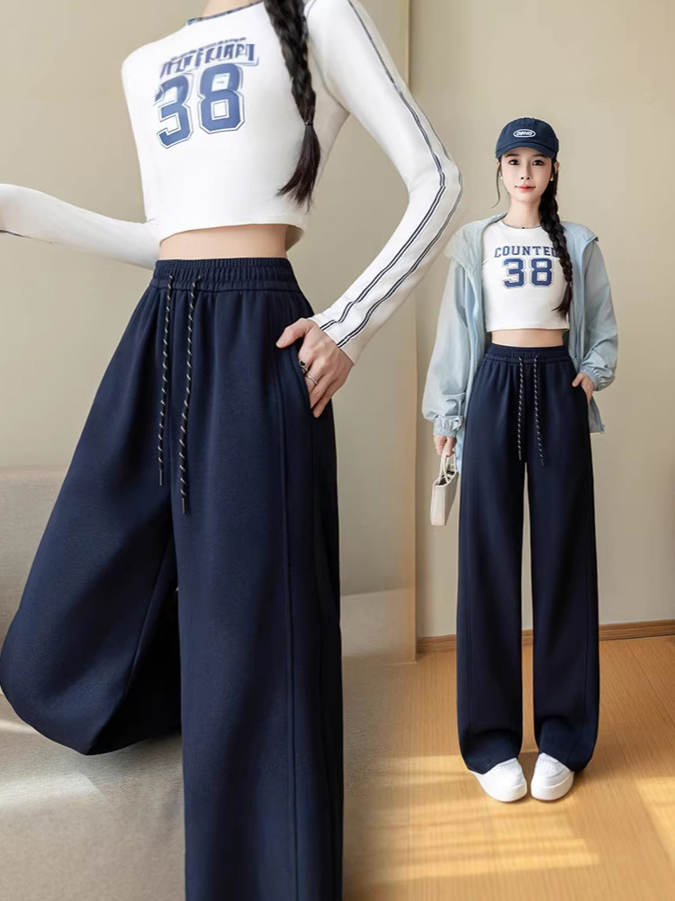 高品质舒适棉松紧腰口袋抽绳宽松显瘦弯刀阔腿裤·藏青