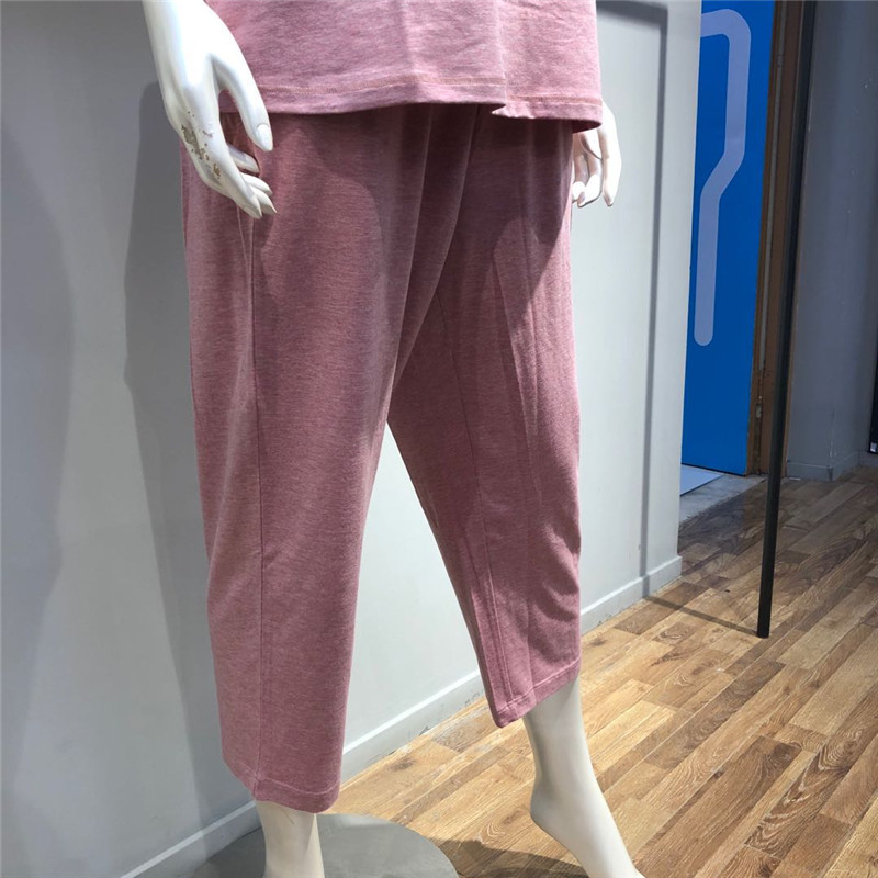 纤丝鸟经典竹棉色纺女士圆领半袖八分裤套装·20017-麻红色