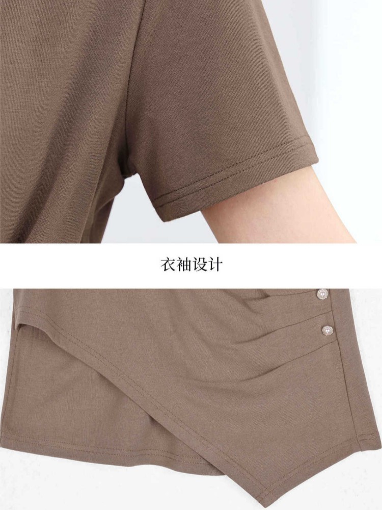 轩凌子不规则交叉V领收腰T恤XS82620217·肉桂色