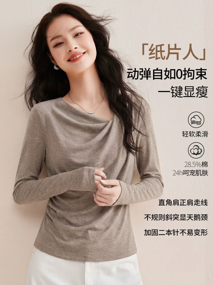 【超弹绒感】修娴设计感斜领收腰T恤M929·白色