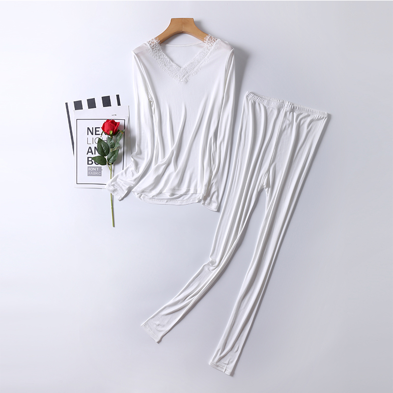 蕾丝V领  天然桑蚕丝透气保暖女士打底套装（2款8色可选）·NY010白色