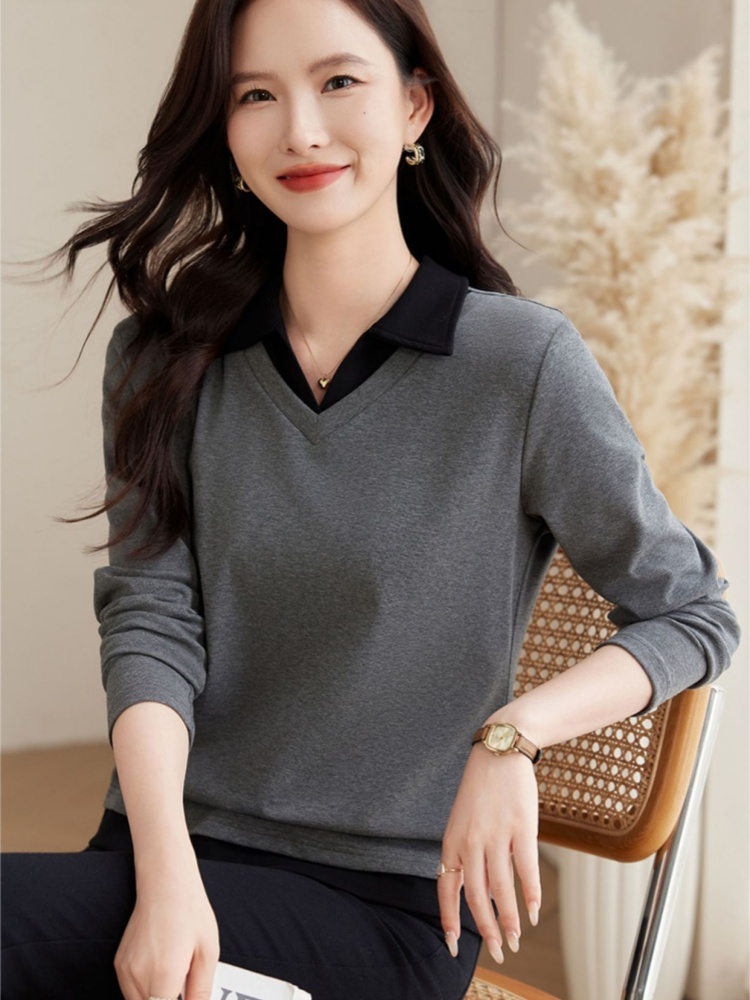 【92精梳棉】轩凌子假两件V领T恤S82430124·花灰色