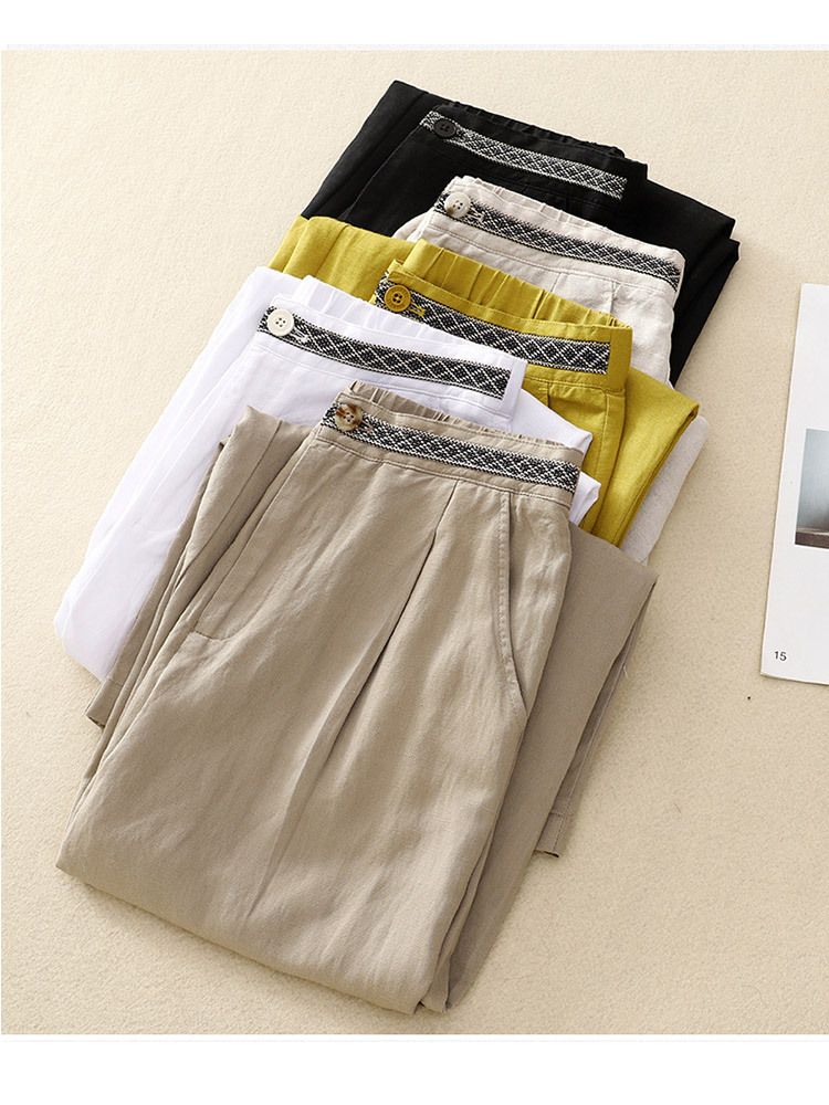 新款棉麻刺绣腰头大码宽松显瘦百搭七分阔腿裤·黄色