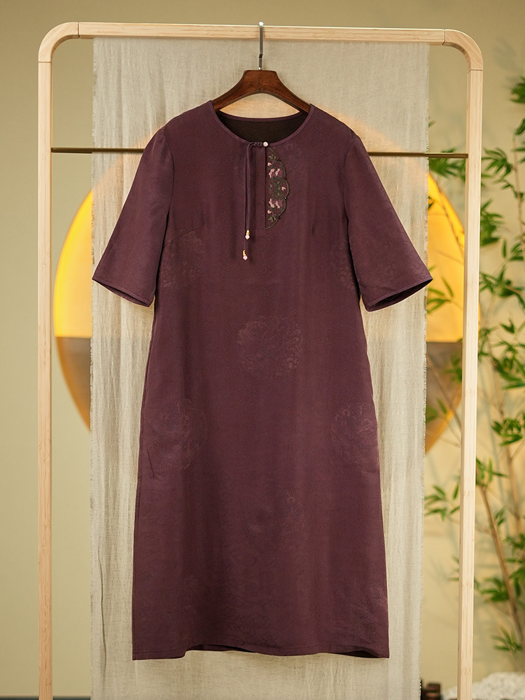 锦传统手工整染香云纱团龙提花连衣裙H24718·紫色