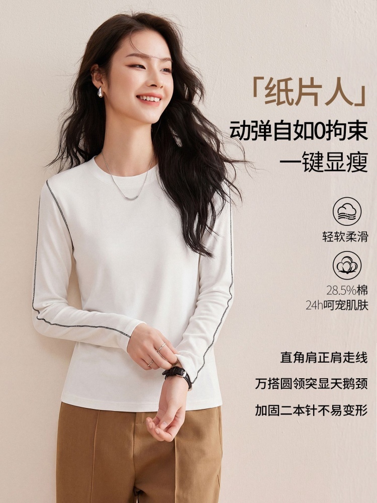 【羊绒触感】修娴慕斯明线撞色线时尚T恤W22·咖啡色