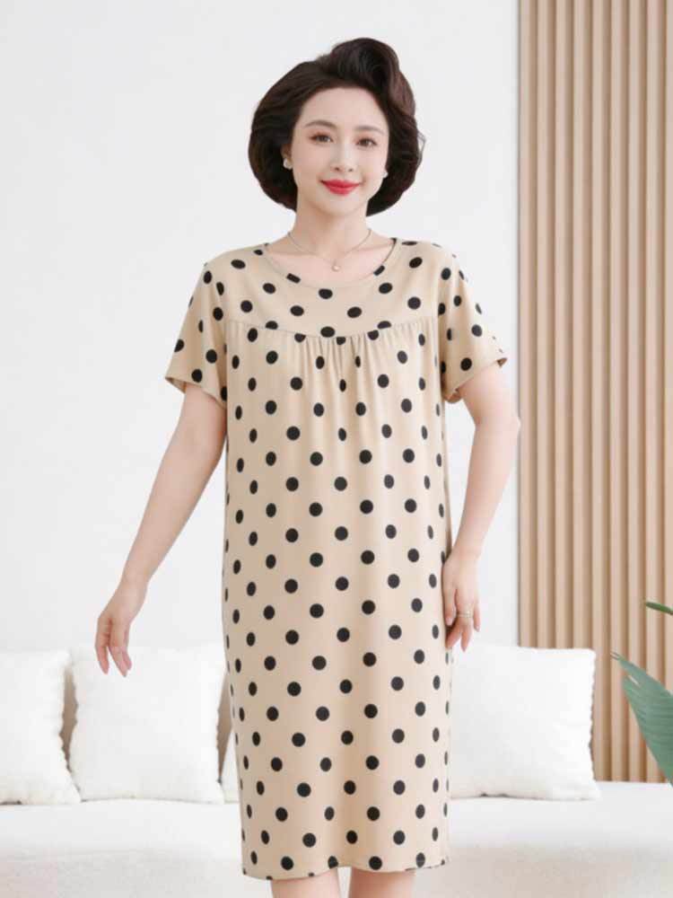 婵阅专柜棉绸睡裙宽松舒适大码加肥加大短袖连衣裙家居服·黑色圆点