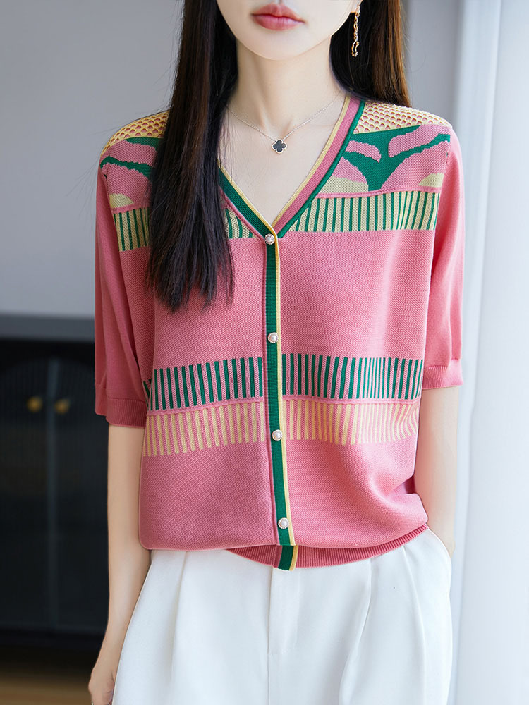 【100莱赛尔天丝】撞色条纹V领开扣气质减龄百搭上衣·黄色