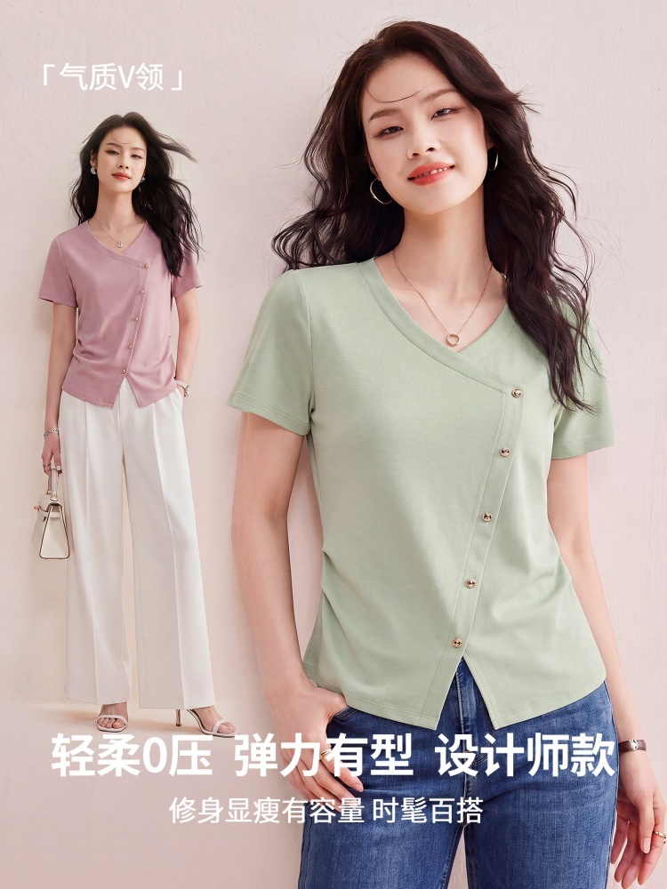 【90新疆棉】修娴高端设计感斜襟T恤R6738·清水绿
