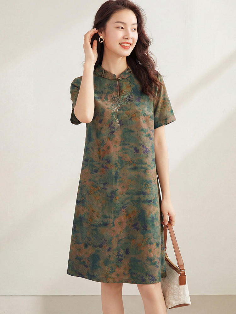 鳄鱼恤女士花萝香云纱连衣裙·绿色