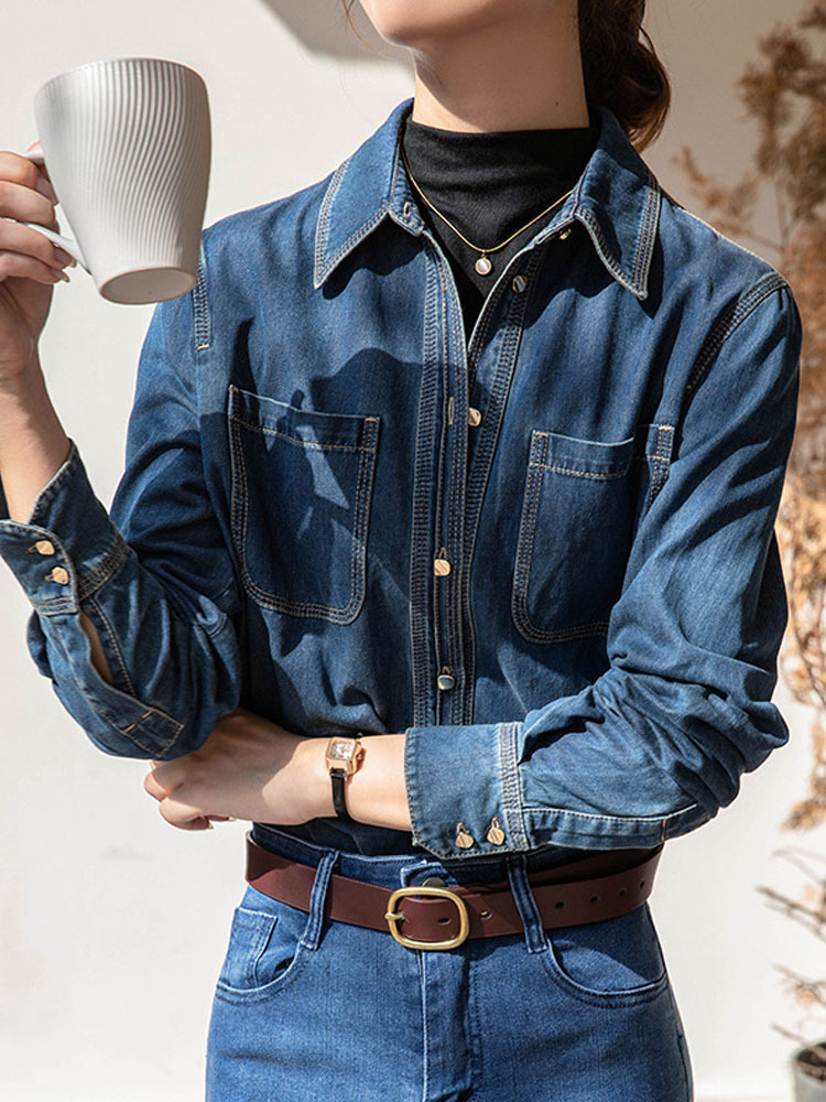 雀说 叠穿设计感小众复古港味蓝色牛仔衬衫965·复古蓝