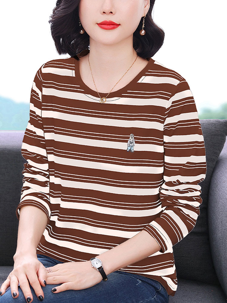 95纯棉多彩条纹显瘦遮肚版型圆领长袖上衣·焦糖色条纹
