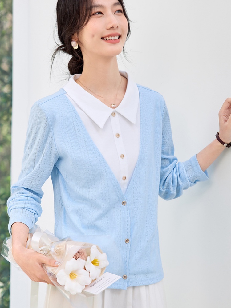 轩凌子气质假两件翻领针织衫XS82610081·浅花灰