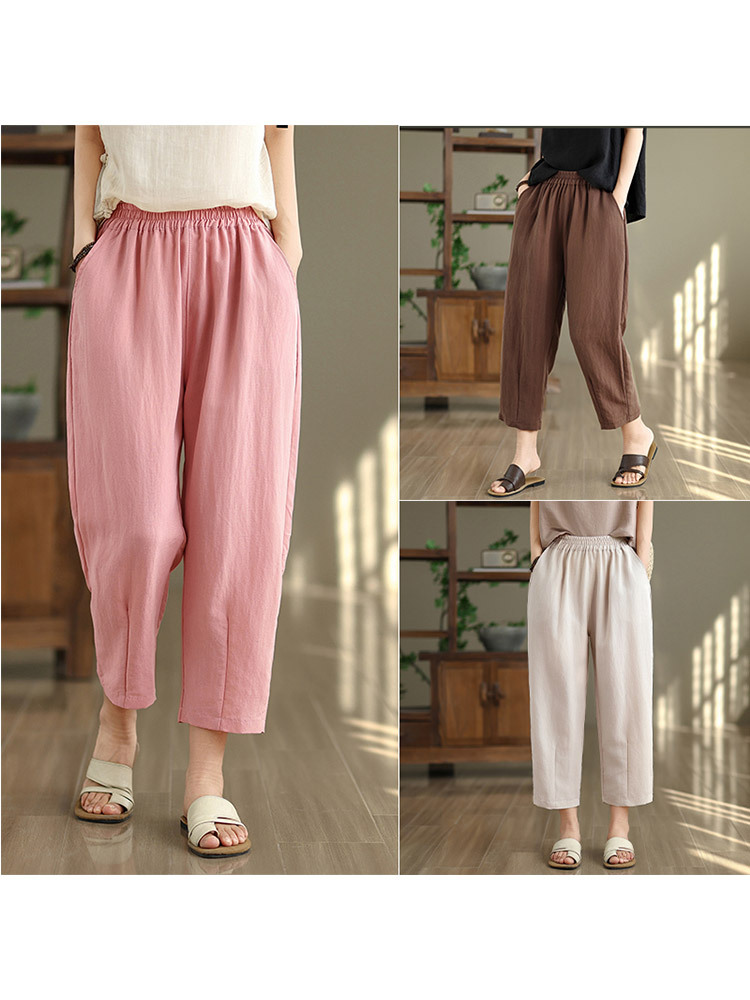 新款时尚透气棉麻松紧高腰百搭七分哈伦裤·咖啡色