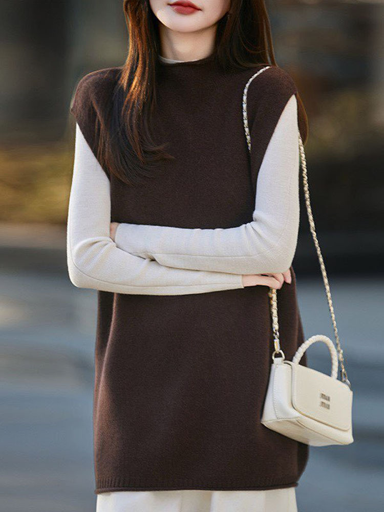 丁摩半高领100纯羊毛针织马甲女秋冬中长款宽松无袖毛衣坎肩yc-028·金驼色