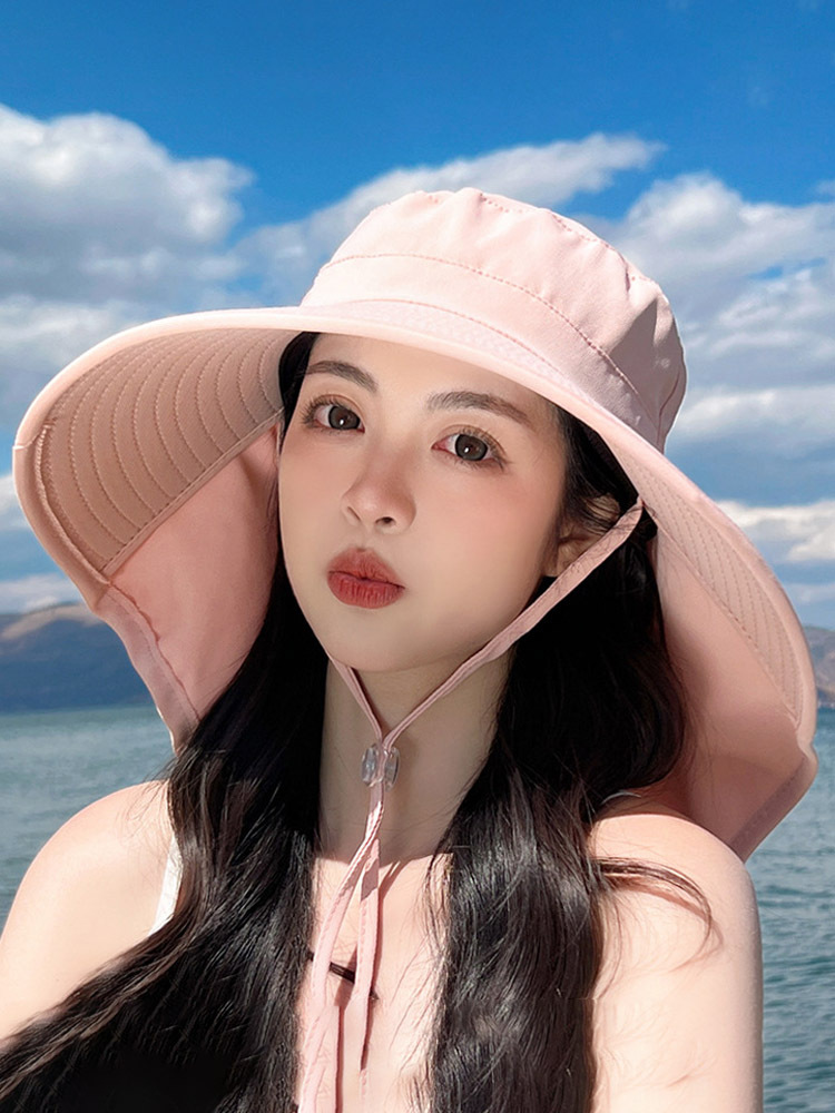 丁摩 防晒太阳帽带马尾孔帽子女大檐披肩渔夫帽潮8112·8112-成人樱花粉