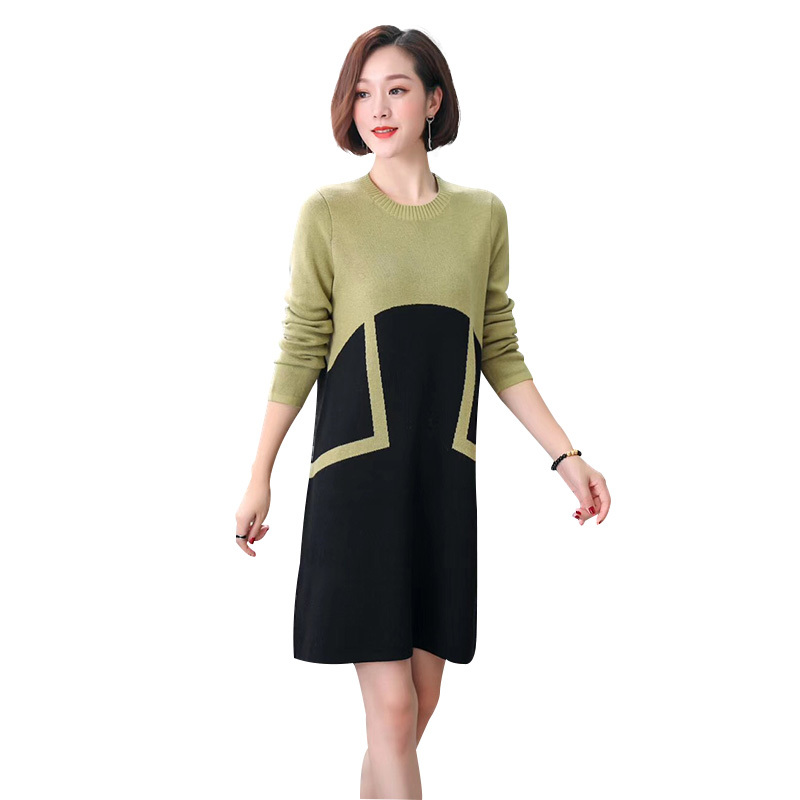 丁摩    羊毛拼接时尚针织连衣裙19-017W·绿色
